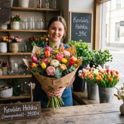 Kukkakaupassa nainen esittelee upeaa kevään hehku kimppua.