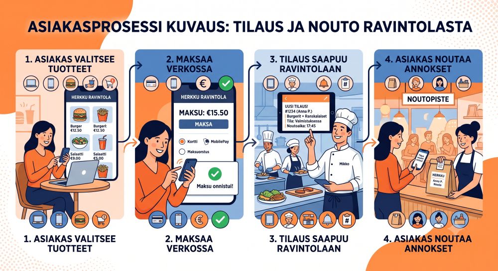 Ravintolan tilausprosessi mobiiliapp ja verkkosivupohjaisesti.